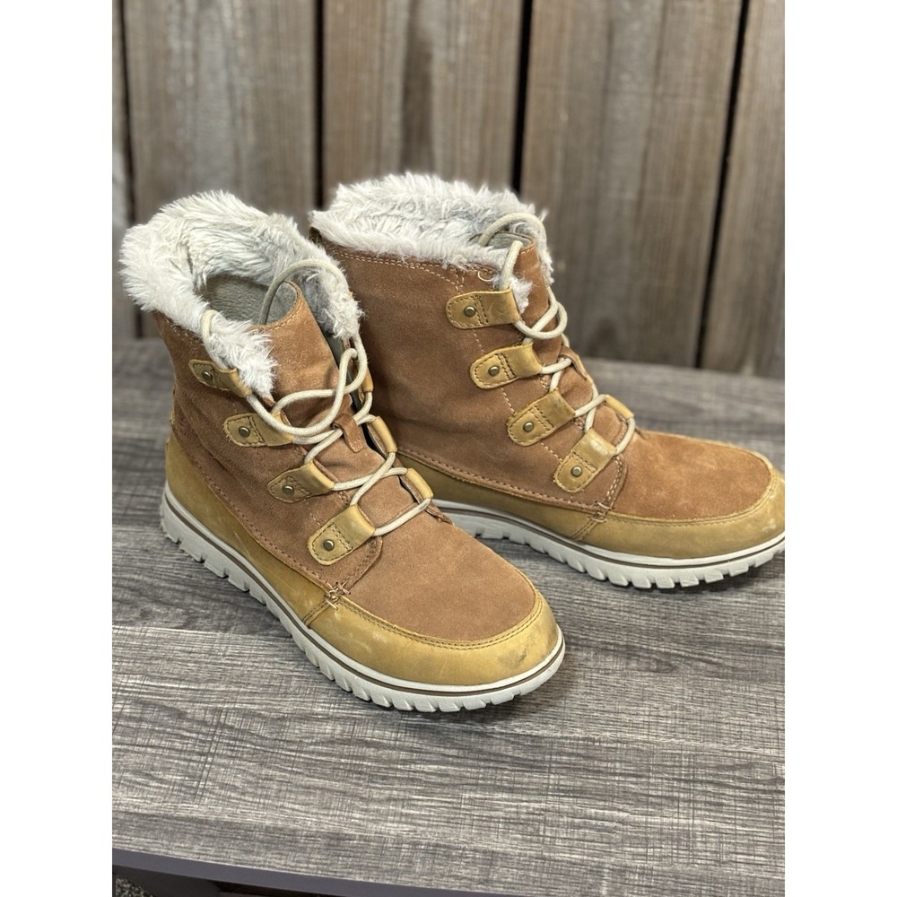 Womens Sorel Explorer Joan Tan Suede Faux Fur Lace Up Mid Winter Boots Size 10 M - Picture 2 of 7